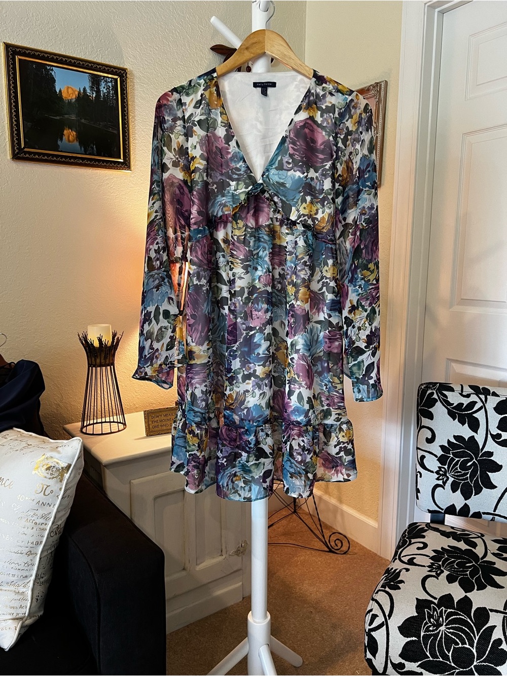 Long Sleeve Floral V-Neck Ruffle Dress - Purple Multi